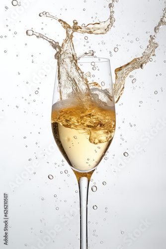 A close-up of a classic wine glass with poured white wine or sparkling champagne splashes in motion. Isolated on white background, creative minimal concept for stories.