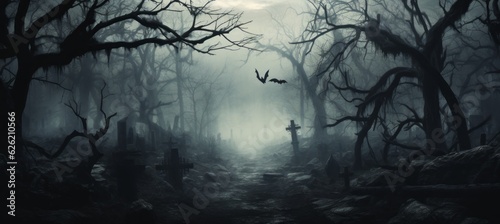 Haunted Haloween forest horror melancholic dark night background. Generative AI technology.