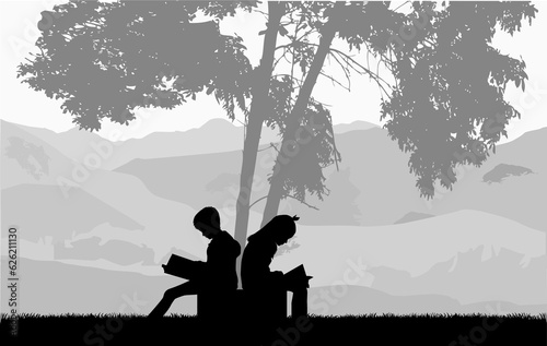 Silhouettes of people with a book. Desert island.	