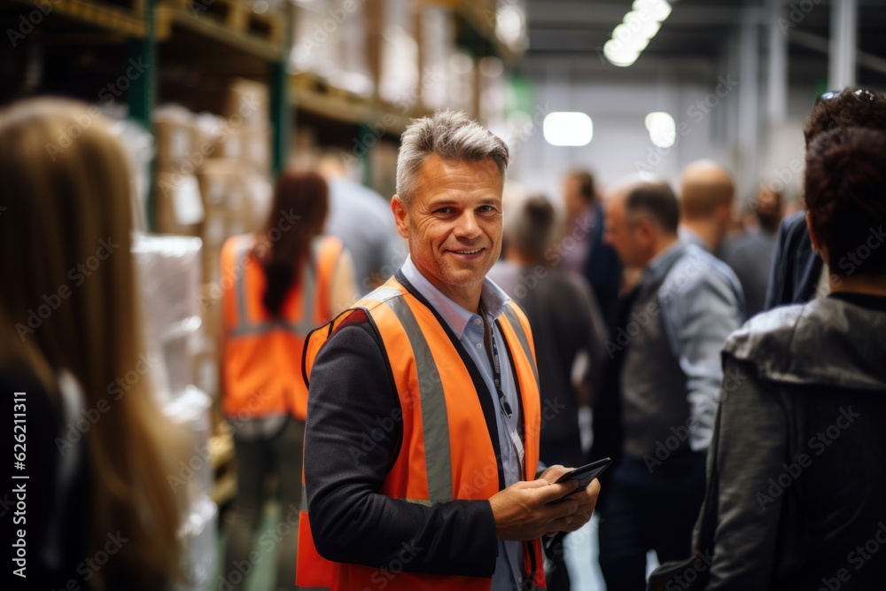 Businessman working to inspect goods while walking through a distribution warehouse