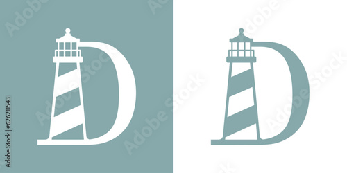 Logo Nautical. Icono de torre marítima en puerto. Letra inicial D con faro de luz