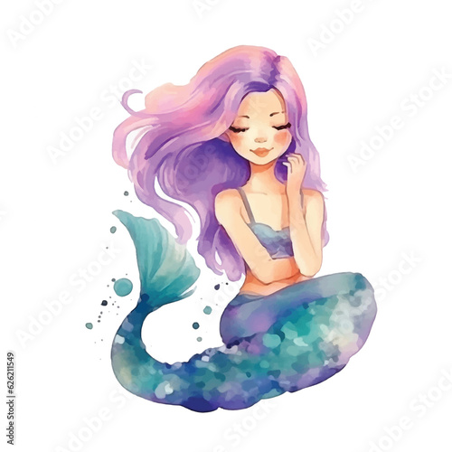 Cute mermaid girl watercolor paint