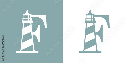 Logo Nautical. Icono de torre marítima en puerto. Letra inicial F con faro de luz