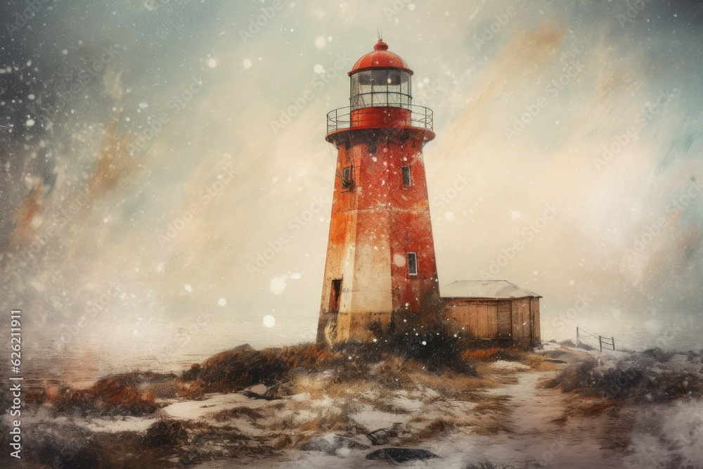 Lighthouse red winter. Generate Ai