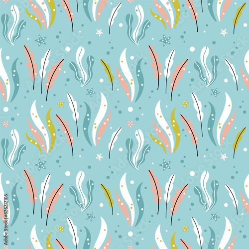 Cute summer marine print with colorful seaweeds on blue background. Seamless vector pattern with coral reef plants for kids textile, apparel, wrapping paper