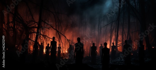 Dark ritual group at haunted foggy forest background. Generative AI technology.