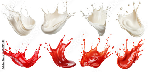Set of red and white drops and splashes of ketchup or sauce isolated on white background. With clipping path. Full depth of field. Focus stacking. PNG. Generative AI photo