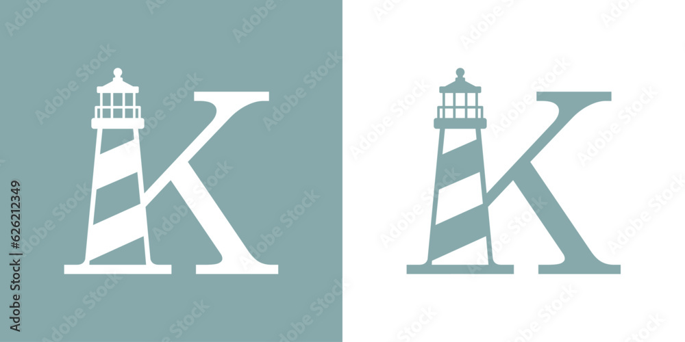 Logo Nautical. Icono de torre marítima en puerto. Letra inicial K con faro de luz