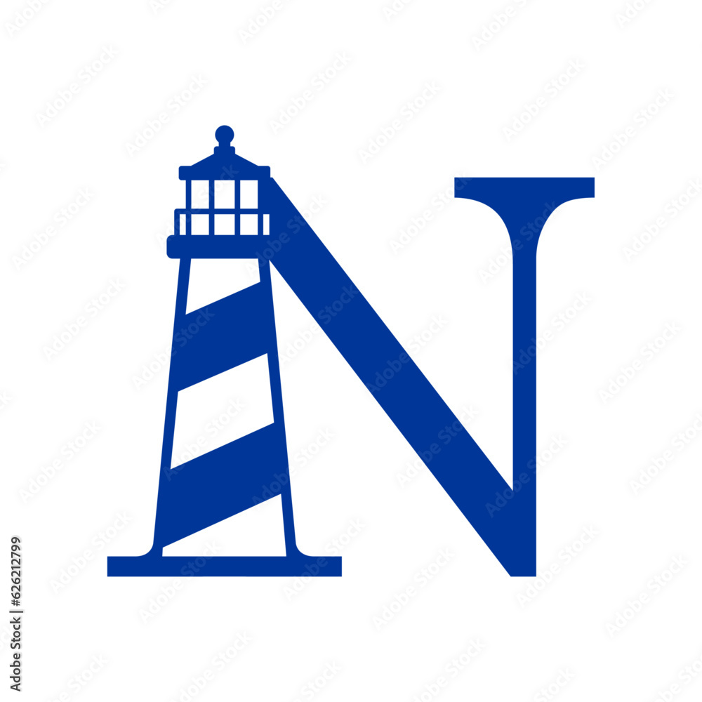 Logo Nautical. Icono de torre marítima en puerto. Letra inicial N con faro de luz Logo Nautical. Icono de torre marítima en puerto. Letra inicial N con faro de luz