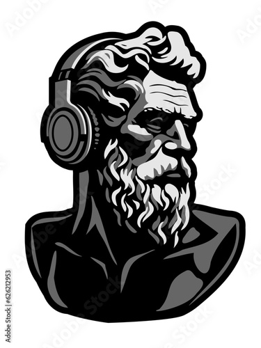 Bust of an elderly man wearing headphones. Vector illustration.