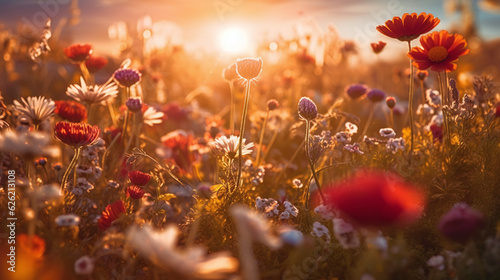 Fotografie, Obraz Flower field in sunlight, spring or summer garden background in closeup macro