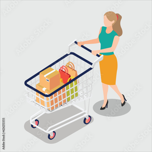 Woman pushing shopping cart with full of shopping bags and gift boxes, isometric illustration