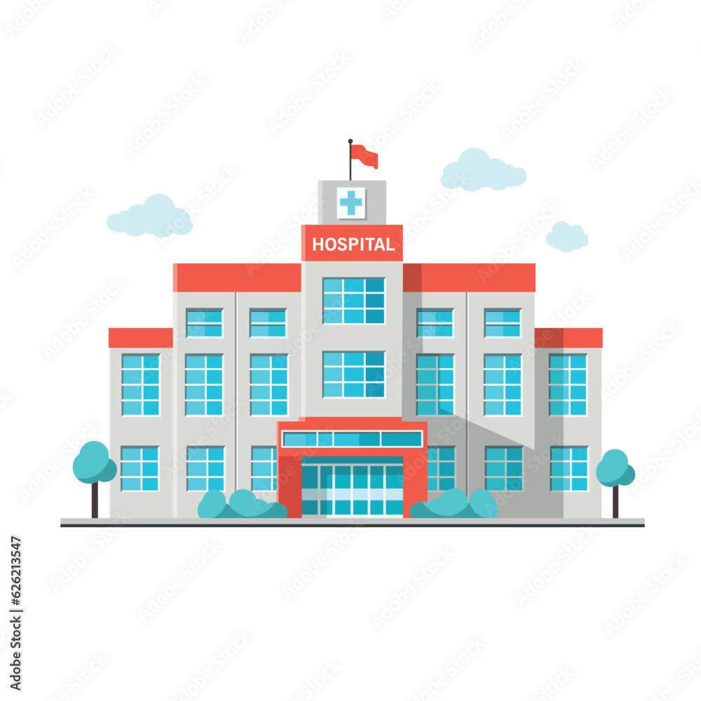 Hospital building isolated on white background. Cartoon modern medicine clinic in flat style. Vector stock