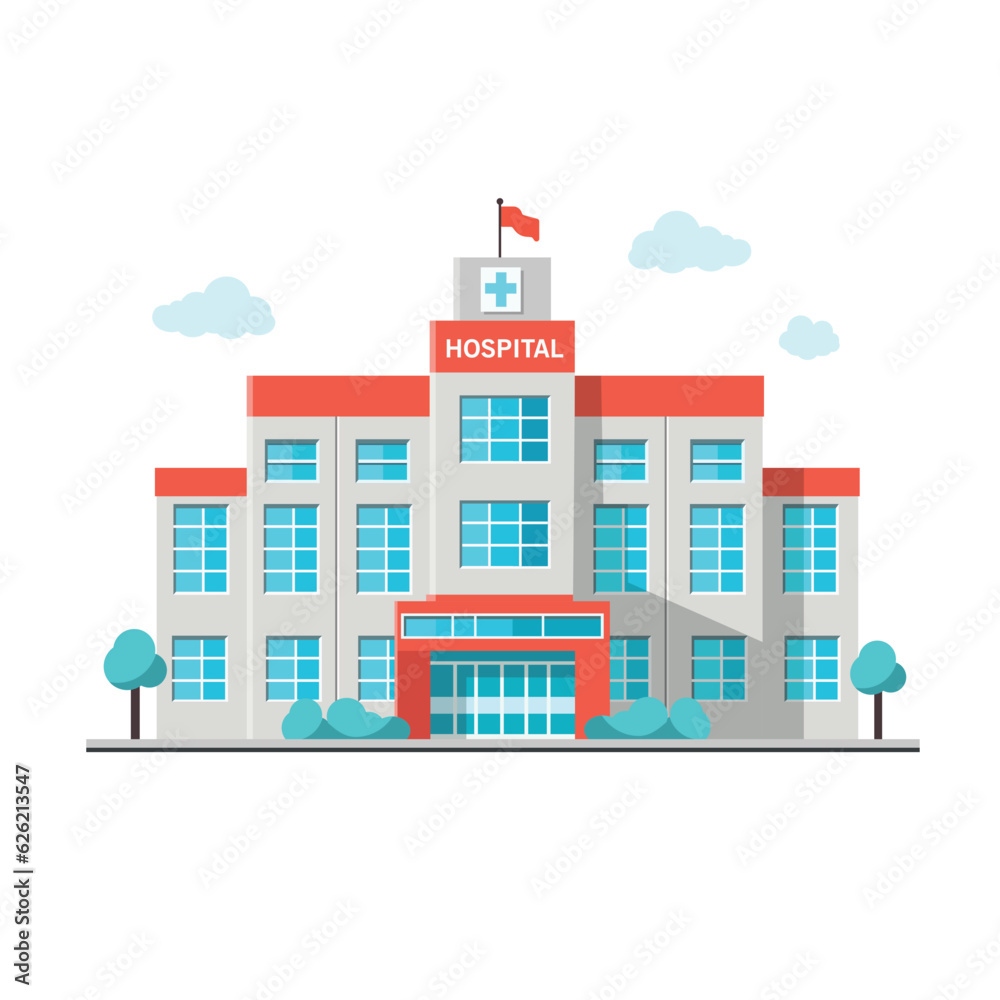 Hospital building isolated on white background. Cartoon modern medicine clinic in flat style. Vector stock Hospital building isolated on white background. Cartoon modern medicine clinic in flat style. Vector stock