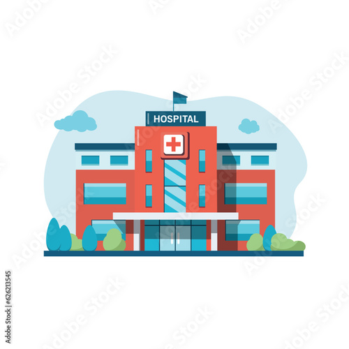 Hospital building isolated on white background. Cartoon modern medicine clinic in flat style. Vector stock