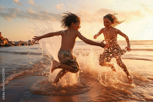 Happy kids running, playing and splashing on the beautiful beach in sunset. Generative AI