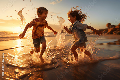 Happy kids running, playing and splashing on the beautiful beach in sunset. Generative AI