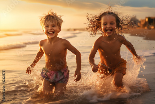 Happy kids running, playing and splashing on the beautiful beach in sunset. Generative AI © Uros