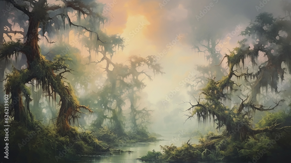 Fototapeta premium landscape huge old oaks in the swamp oil paint delicate colors paintings on canvas. Generative AI