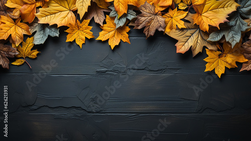 background frame school chalkboard black framed with yellow autumn leaves. Generative AI