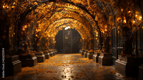 a luminous romantic  autumn podium fairy tale forest  the rays fog in a round arch of yellow trees. Generative AI