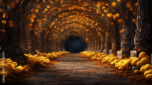 luminous arch tunnel in the trees alley in golden leaves autumn background. Generative AI