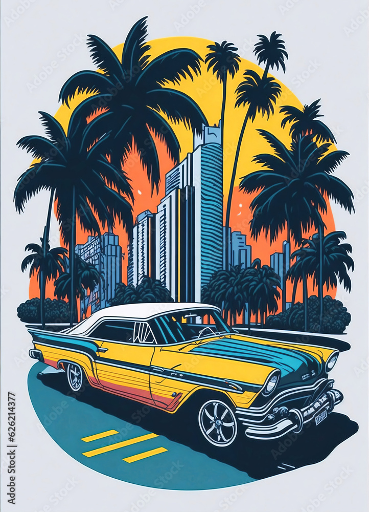 Retro car with palms flat sticker illustration, t-shirt graphic design.