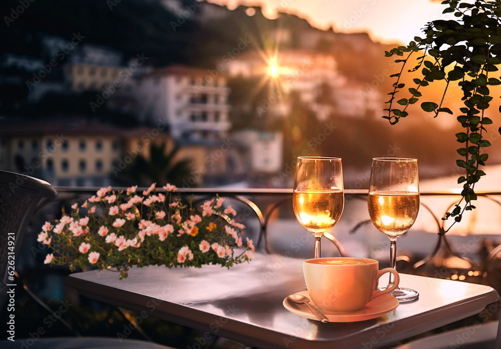 sunset on Portofino ,cup of coffee on Terrace ,view on old town and sea and mountains
