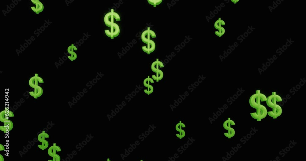 Flying green dollar symbol on a black background 3d render