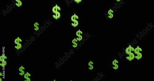 Flying green dollar symbol on a black background 3d render photo