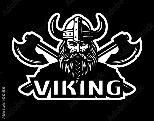 Viking warrior in a helmet with horns and two axes. Vector illustration.