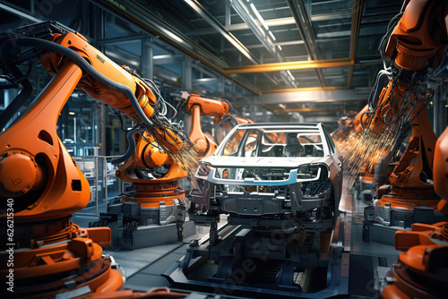 Robotic assembly line in an automotive factory