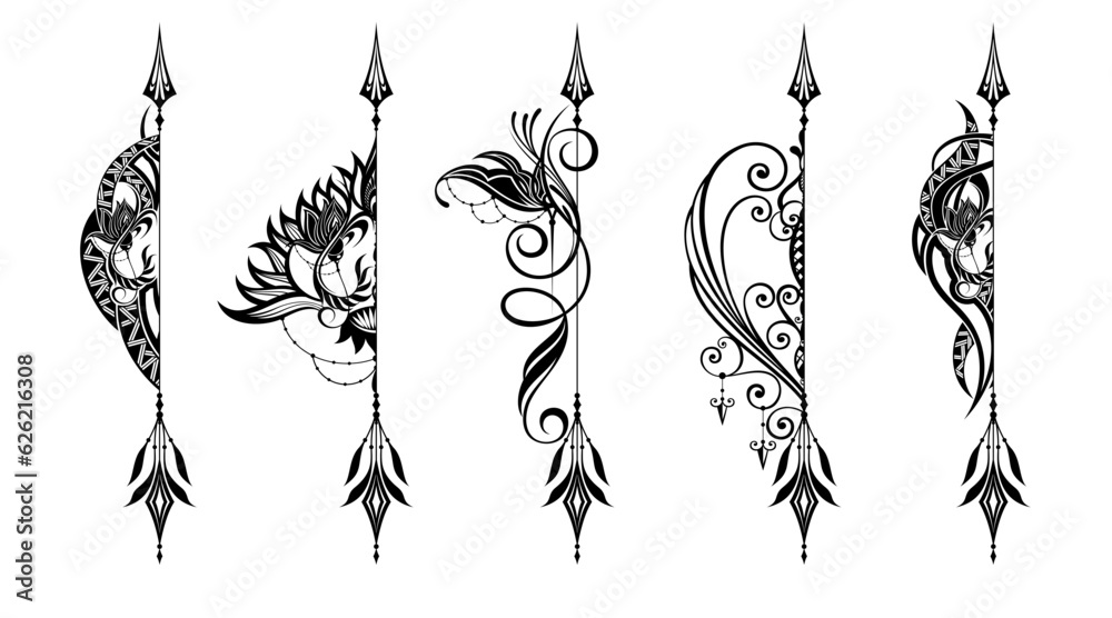 Ethnic arrow with lotus flower and feathers in elegant style.Set of arrow Ethnic arrow with lotus flower and feathers in elegant style.Set of arrow