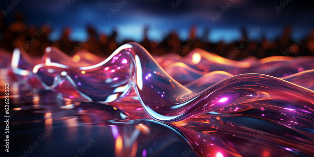 Obraz premium abstract futuristic background with gold, pink, blue, glowing neon fluid wave, with highlights, techno sound, shape, data transmission concept, fantastic wallpaper