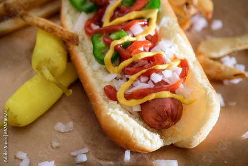 Savory Delight: Close-Up of a Delicious Hot Dog Served on a Wooden Platter, Satisfying Your Appetite in 4K Resolution