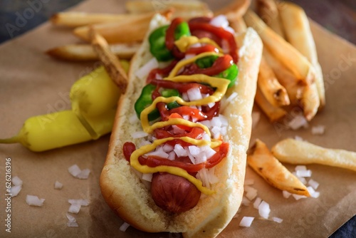 Savory Delight: Close-Up of a Delicious Hot Dog Served on a Wooden Platter, Satisfying Your Appetite in 4K Resolution