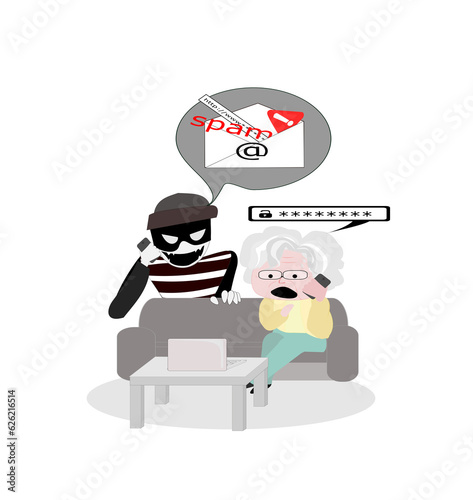 Older received a scam email from a scammer to steal the password.flat illustration elder siting on sofa use mobile. Voice Phishing.fake call center. Swindler and a thief character.Online crime concept
