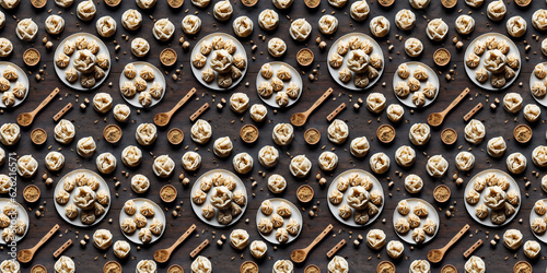 a pattern of dumplings on a wooden table.