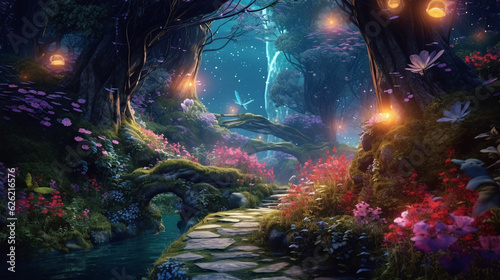 Fantasy fairy tale forest with fireflies in trees, cartoon background with flowers in magic night light or fairy garden by AI generative