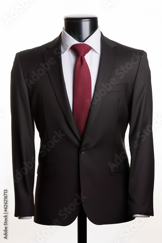 A stylish mannequin wearing a black suit with a striking red tie