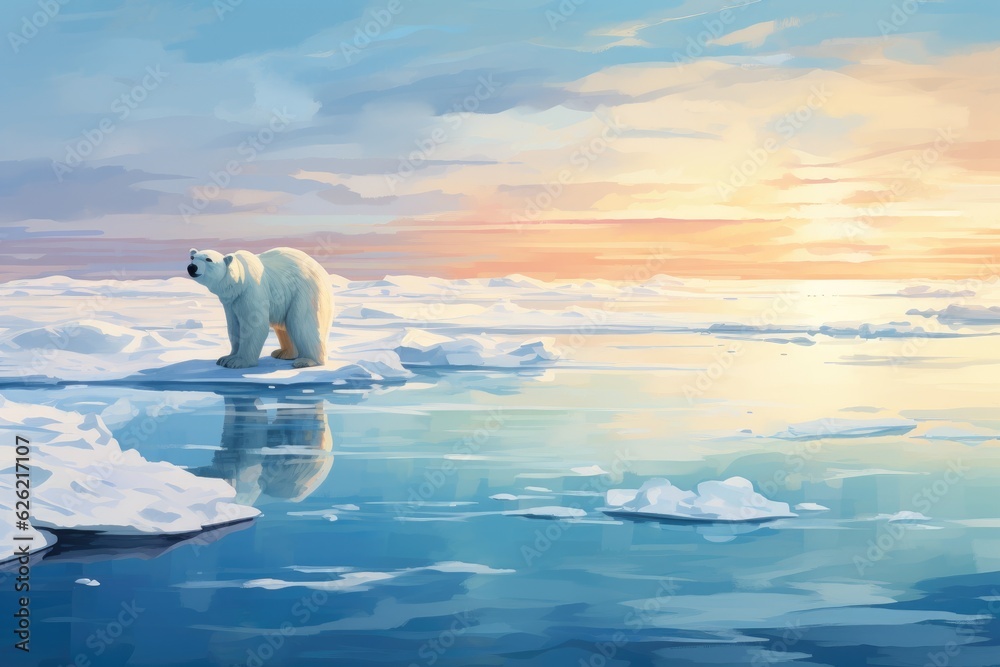 Polar bear on melting ice floe in arctic sea, digital ai.