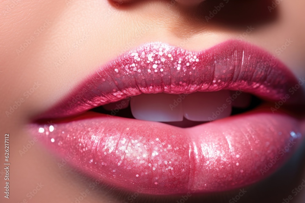 Close up of a girls lips with lipstick and glitter. Generative AI Close up of a girls lips with lipstick and glitter. Generative AI
