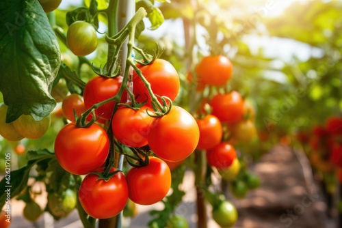 Fresh organic ripe tomatoes branch growing in greenhouse, digital ai.