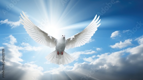 White dove with wings wide open in the blue sky air with clouds and sunbeams. Generative AI