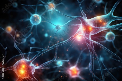 Close up view of neuron cells transmitting a signal. Generative AI photo