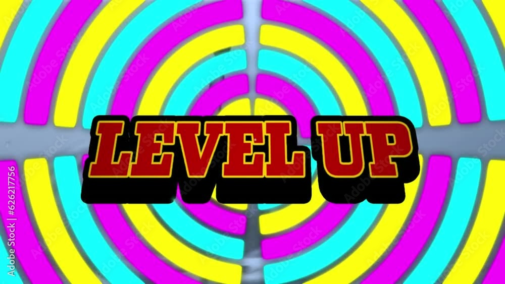 Animation of level up text over abstract multi coloured patterned background Animation of level up text over abstract multi coloured patterned background