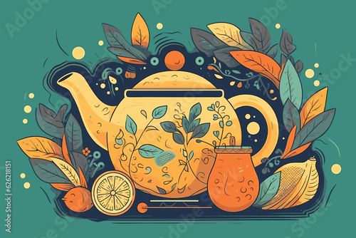 watercolor vector painting art illustration teapot and cup kettle  Chinese  art  background  design watercolor  coffee  isolated  vintage  kitchen  illustration leaf white retro tea silhouette
