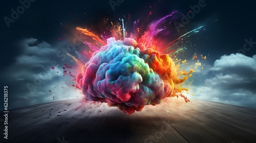 Explosive Mindscapes - Concept Art of Human Brain Bursting with Knowledge, Creativity, and Colorful Imagination, generative AI photo