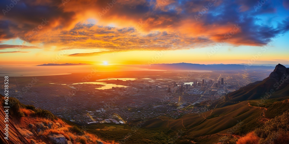 Naklejka premium AI Generated. AI Generative. City town urban cityscape from mountain high view background. Adventure vacation landscape vbie. Graphic Art