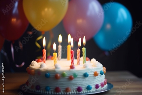 Birthday cake with white cream cheese frosting decorated with multicolored lit candles on wooden background. Generative AI